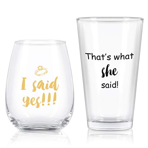 I Said Yes That’s What She Said Stemless Wine Glass And Beer Glass Combo, Good Engagement Gifts Unique Gifts For Couples Him Her Newlyweds Valentine’s Day Bridal Shower Wedding Gift, Set Of 2 #TOP16