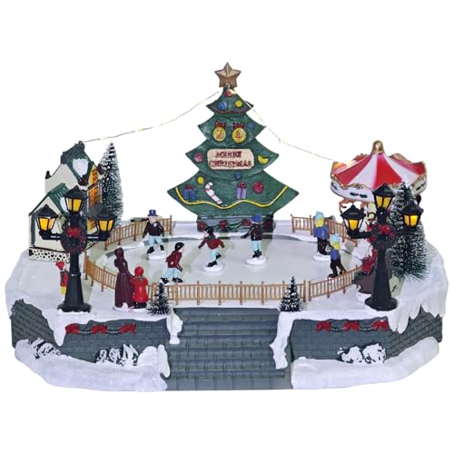 MerryPulse Christmas Village Ice Skating Pond Colorful Animated Scenes with 6 Magnetic Moving Skater Figurines Musical Christmas Village Ice Skating Rink for Xmas Decorations