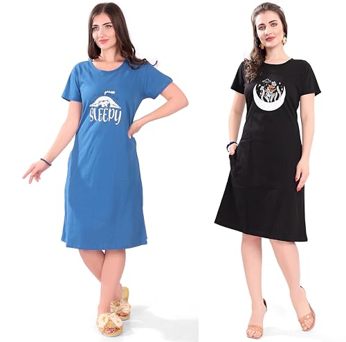 Image of Printed Knee Length Pocket Night Dresses for Women | Cat Lover | Premium Soft Cotton Nighty | Blue and Maroon