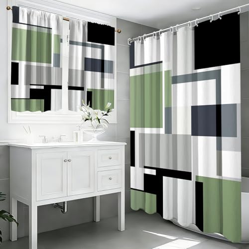 KINUUIS Green Geometric Shower Curtain and Window Curtain Set, Abstract Modern Waffle Waterproof Shower Curtain with Matching Window Curtain Set for Bathroom Decor