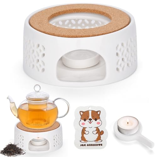 ZUSUZU Calentador de Tetera,Calentador de Té de Cerámica con Portavelas y Esponja de Limpieza,Diseño Hueco Tallado,Base Calentador de Té para Mantener Caliente el Té,el Café y la Leche