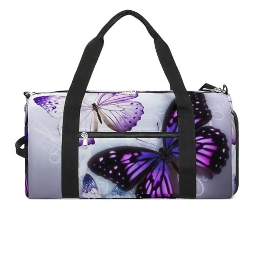 Gym Bags for Men Women White Purple Butterflies Duffle Bag Travel Overnight Bag with Shoe Compartment Tote Bags