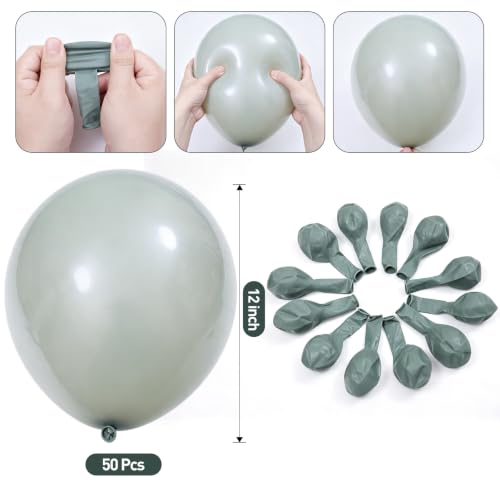 Image of KALOR 12 Inch Pale Sage Green Balloons, 50 Pcs Latex Helium Balloons for Kid's Birthday Party, Baby Shower, Wedding, Graduate Party Decorations