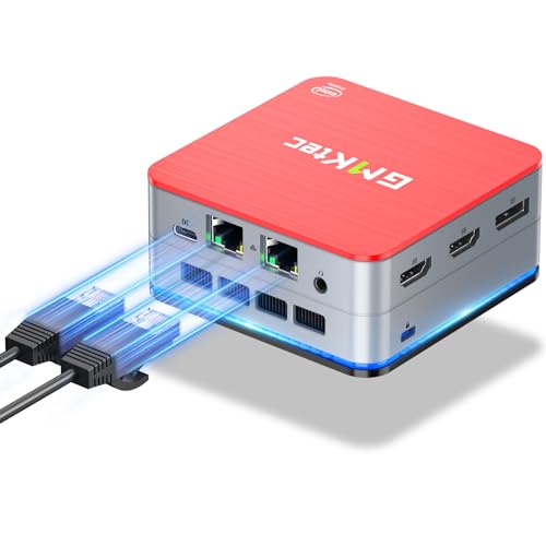 GMKtec Mini PC N100, Dual LAN Windows 11 Pro Intel N100 (3.4GHz) 4C/4T, Desktop Computer 12GB DDR5 512GB Hard Drive, Micro PC 4K, Triple Display, WiFi6, BT5.2, Energy Efficient Red/Black