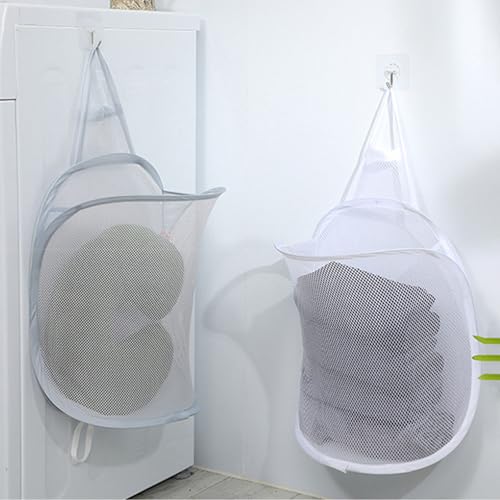 HoAhaMay 2 Stück Hängender Wäschekorb, Wand-Wäschekörbe Faltbarer Mesh Laundry Basket Aufbewahrungskorb auf die Lagerung Pop-Up-Mesh Wäschekorb für Zuhause, Hotel, Reisen, Camping (Weiß/Grau)
