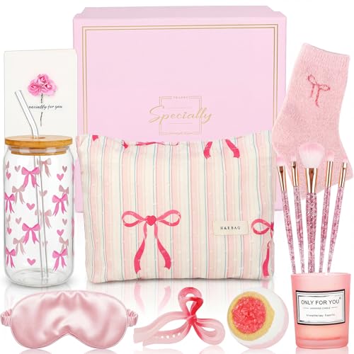 OWill Birthday Gifts for Teenage Girls 10 Pcs Pink Bow Pamper Gifts for Women Self Care Hamper Gifts Set for Her Mum Sister Best Friends Wife Best Graduation Gifts Ideas for 9-15 Year Old Girl