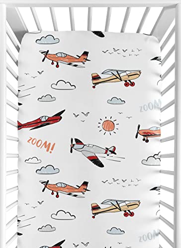 Sweet Jojo Designs Vintage Airplane Boy Fitted Crib Sheet Baby or Toddler Bed Nursery - Grey Yellow Orange Red White and Blue Airplanes Air Plane Transportation Clouds Sun Sky Aviator Aviation -  CribSheet-Airplane-RD-BU-PRT