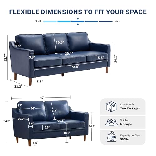 Image of Kingfun Couch Sets for Living Room, 3 Seater Couch and Loveseat, Mid Century Modern Sofa Set, Faux Leather Couch with Solid Wood Frame for Bedroom