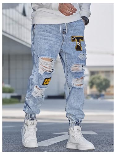 OYOANGLE Men's Cargo Joggers Pants Letter Patched Ripped Jeans Elastic Drawstring Waist Distressed Denim Pants3