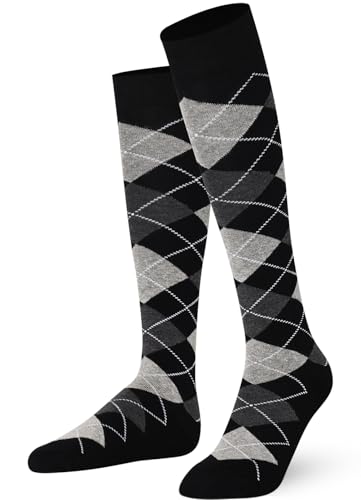 Mysocks Argyle Knee High Socks for Men and Women - Novelty Horse Riding Checkered Plaid Golf Socks - Soft Stretchy Argyle Socks Black Dark Anthracite White Line