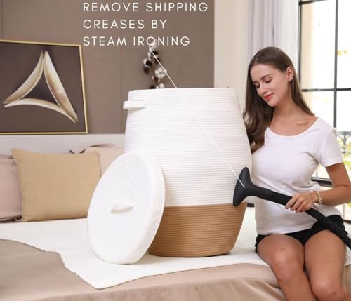 Image of Storage Cotton Rope Basket and Laundry Hamper for Dirty Clothes, Towels, Blankets, Pillows Storage in Living Room, Laundry Room and Bedroom (Beige White With Lid, 14x18 Inch)