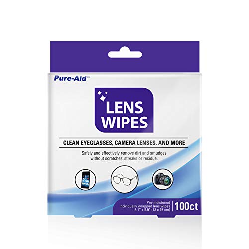 Pure-Aid Lens Wipes, Cleans Eyeglasses, Camera Lenses, Smart Phones And More - 100Ct (Individually Wrapped Wipes) Per Pack (1Pk) Stocking Stuffers Gift #TOP4