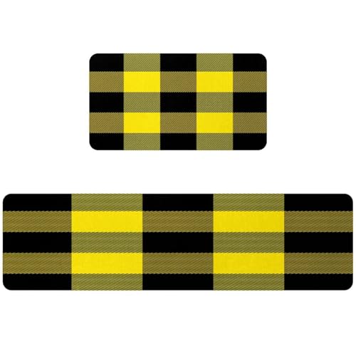 Alfombrillas de cocina VAPOKF con patrón escocés amarillo juego de 2 piezas lavables 2