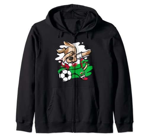 Dabbing Dog Wales Soccer Fans Jersey Welsh Flag Football Art Zip Hoodie, Black