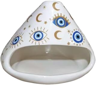 Ceramic Evil Eye Incense Holder, White with Blue Eyes and Gold Moon Pattern, Decorative Cone Burner