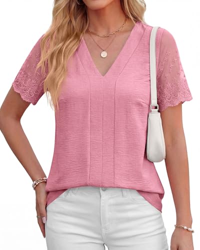 Zenlonr Women Tops Summer 2026 Short Sleeve Shirts Spring Vacation Fashion Dressy Casual Business V Neck Blouses(Pink,XX-Large) — view 2