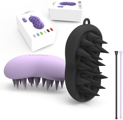 YalsFTY Scalp Stimulator for Hair Growth, Full Silicone Scalp Scrubber Shampoo Brush, Hair Scrubber for All Types of Hair, Scalp Exfoliator for Dandruff Removal - 2 Pack (Black & Firm Purple)