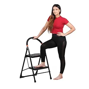 SteelManic Anti-Skid Heavy Duty Foldable Steel Ladder for Home and Official Use with Wide Steps and Top Platform & Hand Rail Portable Ladder with Rubber Boot (2 Steps)