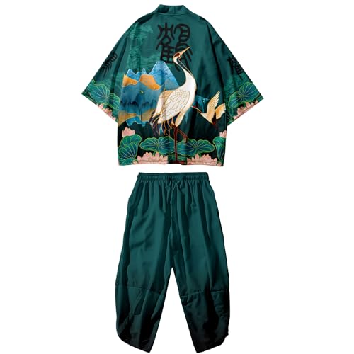 Image of DOSLAVIDA Men's Japanese Kimono Jacket Set Stylish Open Front Coat With Shorts Chinese Style Printed Cardigan Suit
