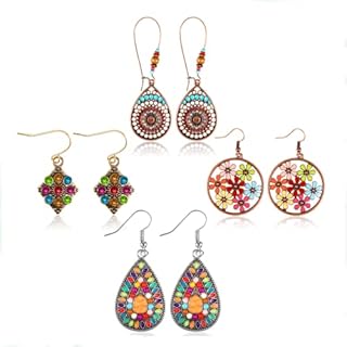 Bohemian Earrings Set, 4 Pairs Women's Vintage Boho Statement Earrings, Retro Rhinestone Dangle Hook Earrings with Colorful Beads, Cloth Flower, Long Beaded Earrings Holiday Earrings for Women Girl