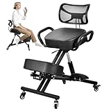 Ergonomic Kneeling Chair with Footrest, Kneeling Chair with Locking Wheels, Adjustable Height Kneeling Support Chairs, PU Computer Kneel Chairs for Living Room