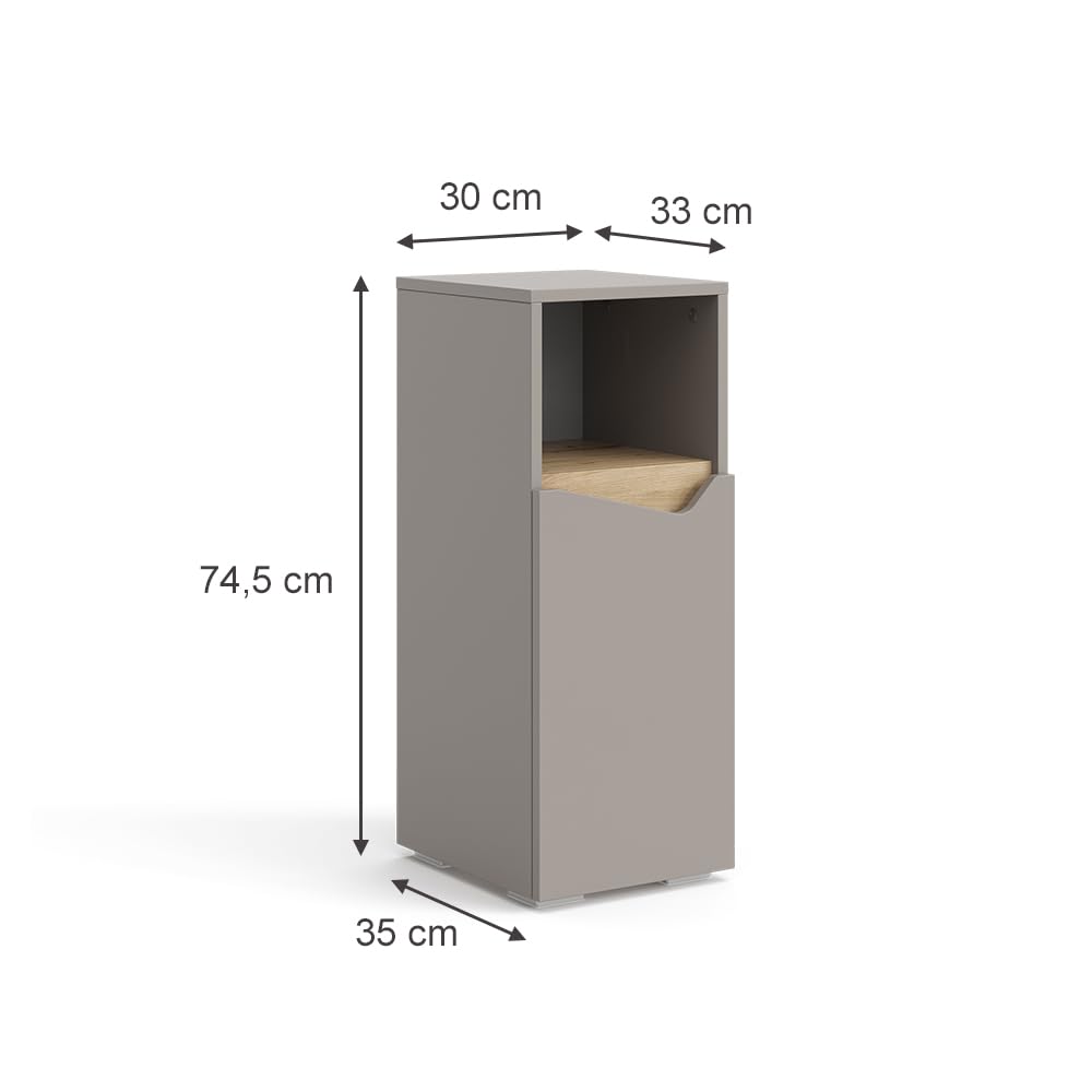 Vicco Midischrank Marelle, Greige, 30 x 74.5 cm mit Tür und offenem Fach, zur Aufbewahrung von Badutensilien und Handtüchern