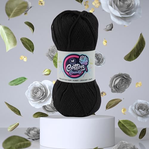 Image of NESTNHAVEN Cotton Candy 100% Cotton Yarn - (100g, 185 Meters) - Luxury Yarn for Crochet, Amigurumi, Embroidery, Toys, Garments, Flowers and Hobby, Projects. (Black) | (200 Gm)