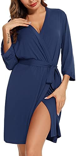 Anjue Women's Knit Kimono Bathrobe Belted Spa Robe Knee-Length Sleepwear (Cyan,XXL)