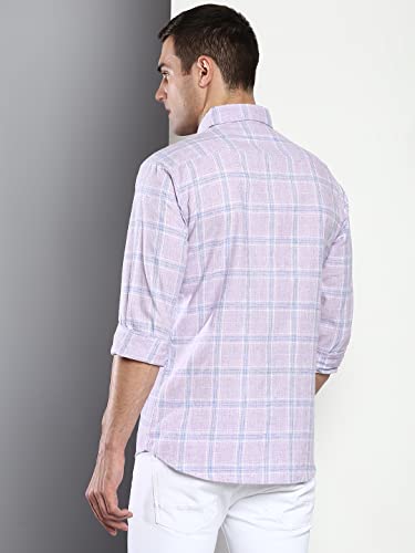 Image of Dennis Lingo Men's Checkered Slim Fit Cotton Linen Casual Shirt with Button-Down Collar & Full Sleeves