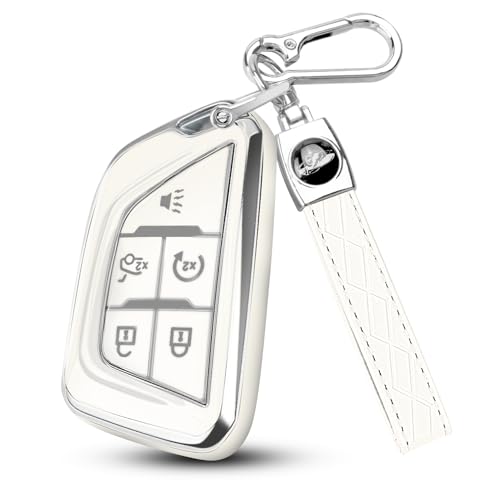 Image of QBUC for Cadillac Key Fob Cover with Leather Keychain (Chrome Trim White) | Soft TPU Protection Case Compatible with 2020-2026 Cadillac Escalade Lyriq Optiq 5-Buttons