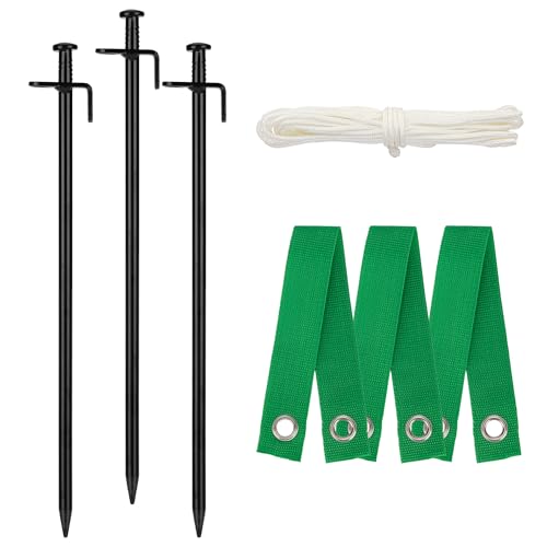 YONSIN 30,5 cm (30,5 cm) Boomstaak Kit Heavy Duty, 3 stuks stalen boomharingen en steunen voor jonge/scheve bomen groeien rechte bescherming, inclusief 3 stuks boompalen en riemen en 33 voet touw