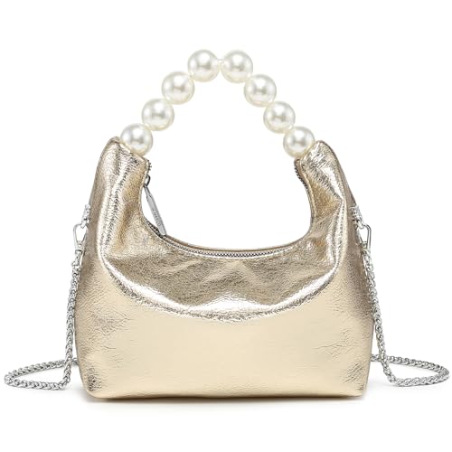 Pearl Handle Evening Clutch Purse for Women - Stylish Small Top Handle Handbags with Detachable Chain Strap for Wedding Party