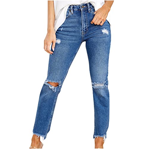 tuduoms Ripped Capri Jeans for Women Loose Boyfriend Denim Jeans Straight Leg Stretchy Distressed Skinny Raw Hem Jean Pants