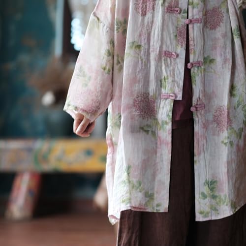 Women\'s Long Floral Kimono Jacket Boho Cardigan Lightweight Sheer Button Down Cover Ups Housecoat (US, Alpha, One Size, Regular, Regular, Pink)