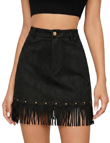 DERAX Women's Suede Fringe Mini Skirt High Waisted Tassel Western
