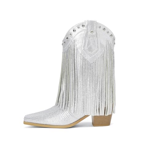 AIJIVOU Women's Rhinestone Fringe Cowgirl Ankle Boots, Sparkly Western Cowboy Boots Pointed Toe Knee Block Chunky Middle Heel Pull On Bling Tassel Booties for Women Girl Party