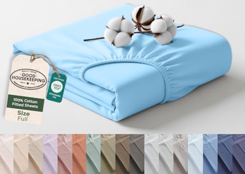 Image of Royale Linens 100% Organic Cotton Full Fitted Sheet Only - Percale Weave - Super Soft Deep Pocket Bottom Sheets - Lake Blue Elastic Sheet - Full Size Fitted Sheets Only - (54 inchx75 inch+15 inch, Lake Blue)