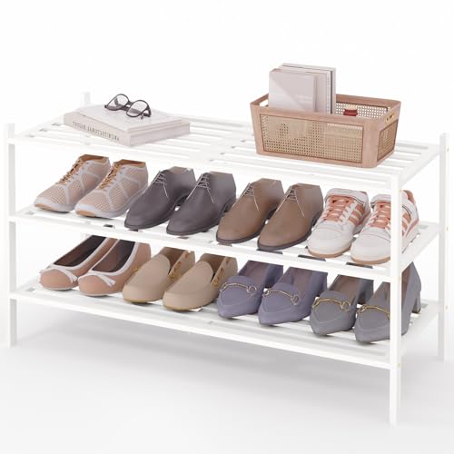Image of Smiry Bamboo Shoe Rack, 5 Horizontal Slats, 3 Tier - 33.9 inch Wide, White