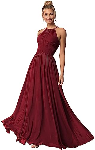 Clothfun Damen Neckholder Brautjungfernkleider Lang Chiffon Plissee Formelles Kleid für Hochzeitsgäste Burgunderrot Tief 10, Burgunder