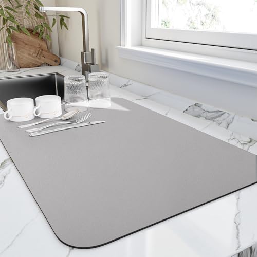 HotLive Dish Drying Mat for Kitchen Counter, Heat Resistant Drainer Mats with Non-slip Rubber Backed, Hide Stain Kitchen Super Absorbent Draining Mat, Easy to Clean Dish Rack Pad, Grey 16