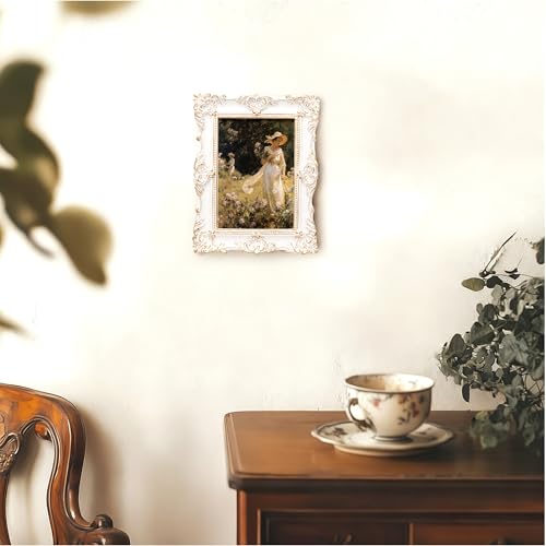 Image of eletecpro 5x7 Vintage Picture Frame with Real Glass Cover, Ornate Antique Photo Frame, Display 5x7 Picture for Tabletop or Wall Hanging, White Home Decor for Gallery Art