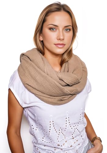 Scandi Linen Musselin Loop Schal Damen, Schlauchschal, Schlauchschal Damen, Musselin Schal Damen, Loop Schal Damen Sommer Leicht, Loop Schal (Beige)