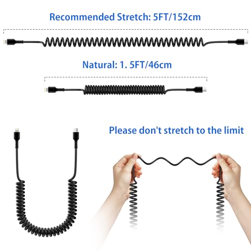 Coiled USB C to Lightning Cable[Mfi Certified], iPhone Car Charger Apple Carplay Cable, Short USB-C to Lightning Cable with Data Sync, Retractable Apple Charging Cable for iPhone14/13/12/11/Pad/iPod - Image 4