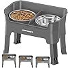 URPOWER 3-in-1 Elevated Dog Bowls – Mess Proof Double Deck 4 Height Adjustable Raised Stand with 2 Stainless Steel Food Bowls & Licking Plate for Small, Medium & Large Dogs