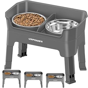 URPOWER 3-in-1 Elevated Dog Bowls – Mess Proof Double Deck 4 Height Adjustable Raised Stand with 2 Stainless Steel Food Bowls & Licking Plate for Small, Medium & Large Dogs