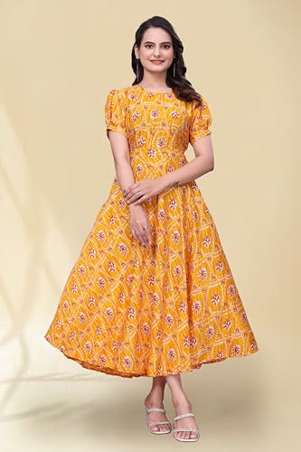 Image of Women's A-Line Crepe Maxi Dress | Stylish Fit and Flare Dress with Round Neck Short Puff Sleeves for Casual Wear
