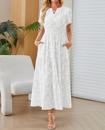 Image of Women's Maxi Dresses Boho Burnout V Neck Short Puff Sleeve Smocked Empire Waist Long Wedding Guest Semi Formal Dress Pockets