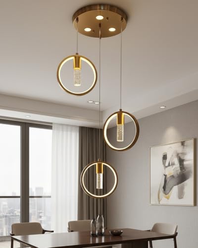Image of swanart 3-Light Crystal Gel Pendant Light, Modern LED Hanging Light, 3 Colour Change Ceiling Light, Gold Chandelier for Living Room, Bedroom, Dining Room & Hall