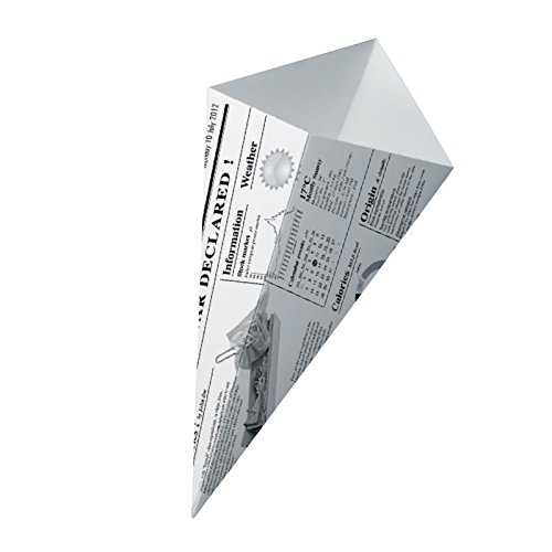 Image of News Print Greaseproof Paper Cone (Case of 125), PacknWood - Disposable Appetizer Food Holder Cups (14.5 oz, 7.7 inch x 6.3 inch) PK210CNEWS450
