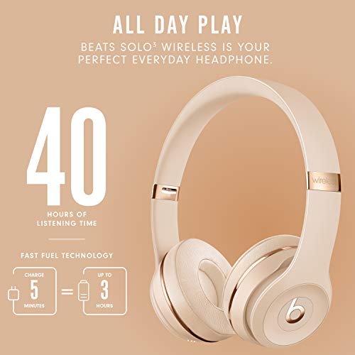 Beats Solo3 Wireless On-Ear Headphones - Apple W1 Headphone Chip, Class 1 Bluetooth, 40 Hours of Listening Time, Built-in Microphone - Satin Gold (Latest Model)